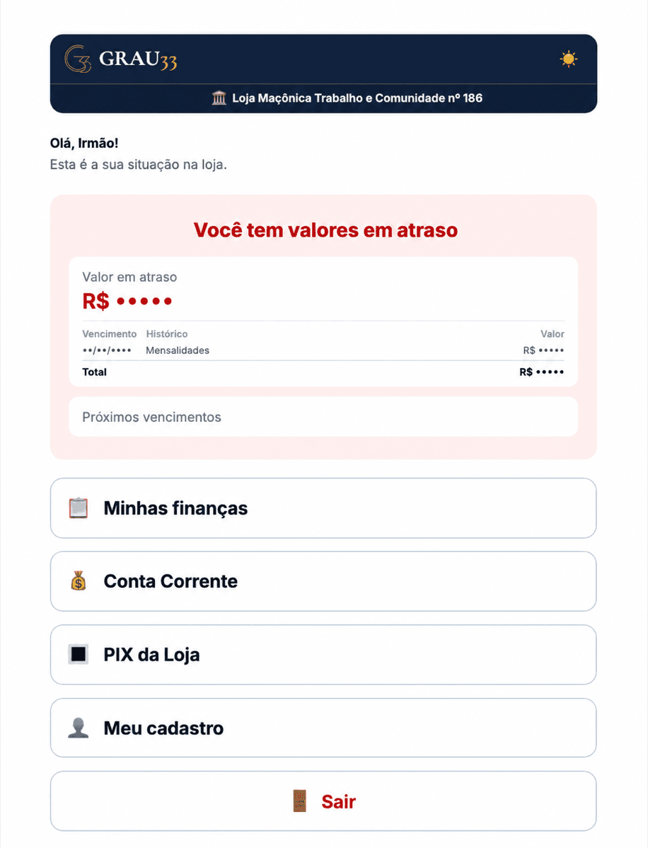 Portal do Irmão no celular, com os valores financeiros ocultos